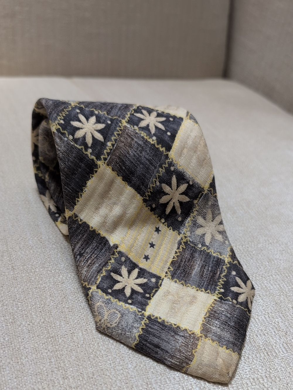 Ermenegildo Zegna Silk Floral Patchwork Mens Tie Quilted Black & Cream Italy